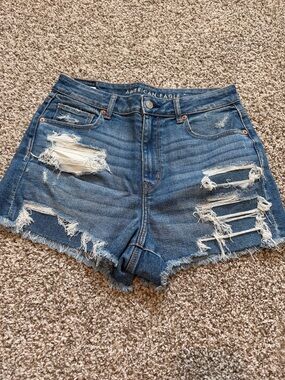 American Eagle Outfitters Distressed Blue High-Rise Denim Mom Shorts